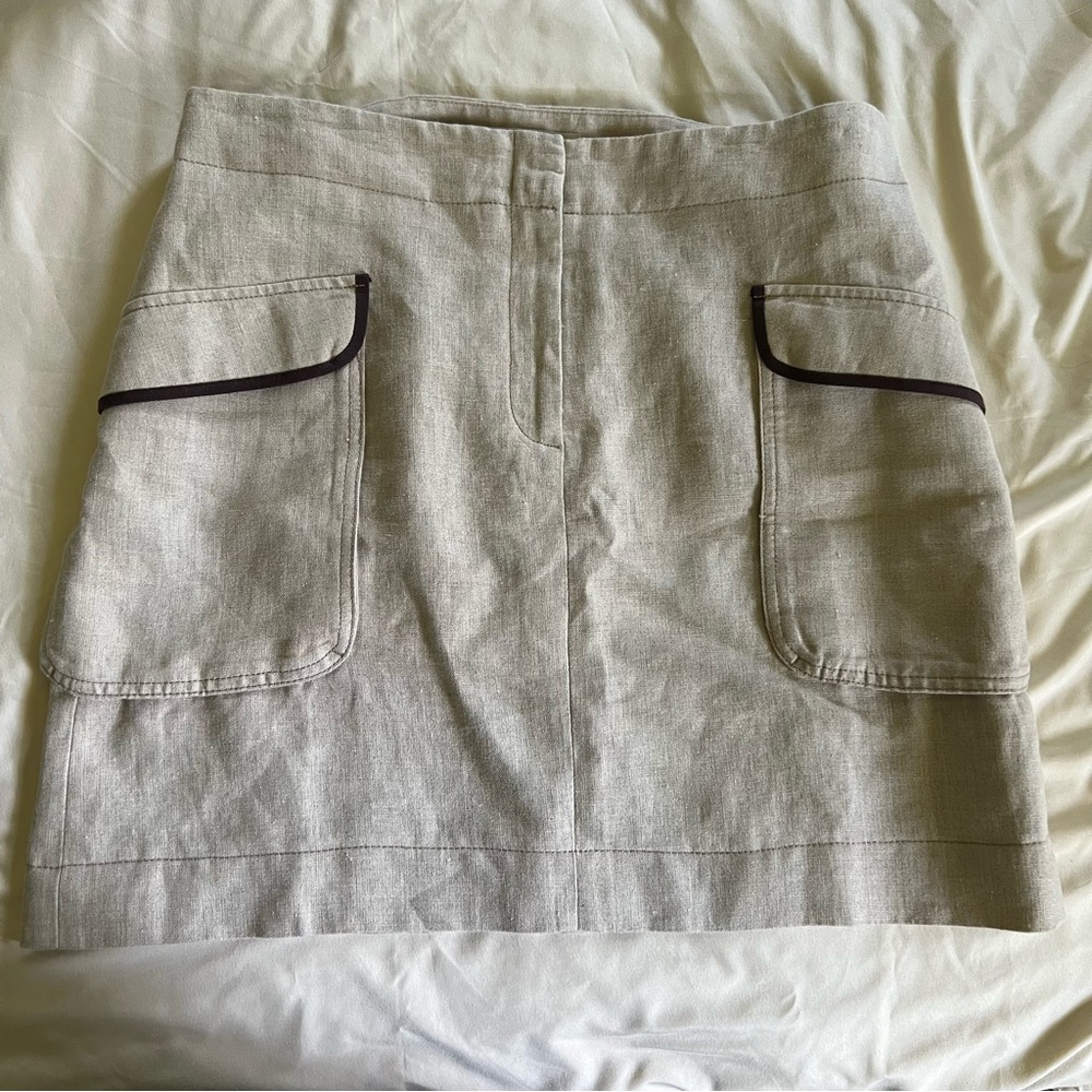 LOFT Tan Linen Skirt with contrast stitch pockets Size 10